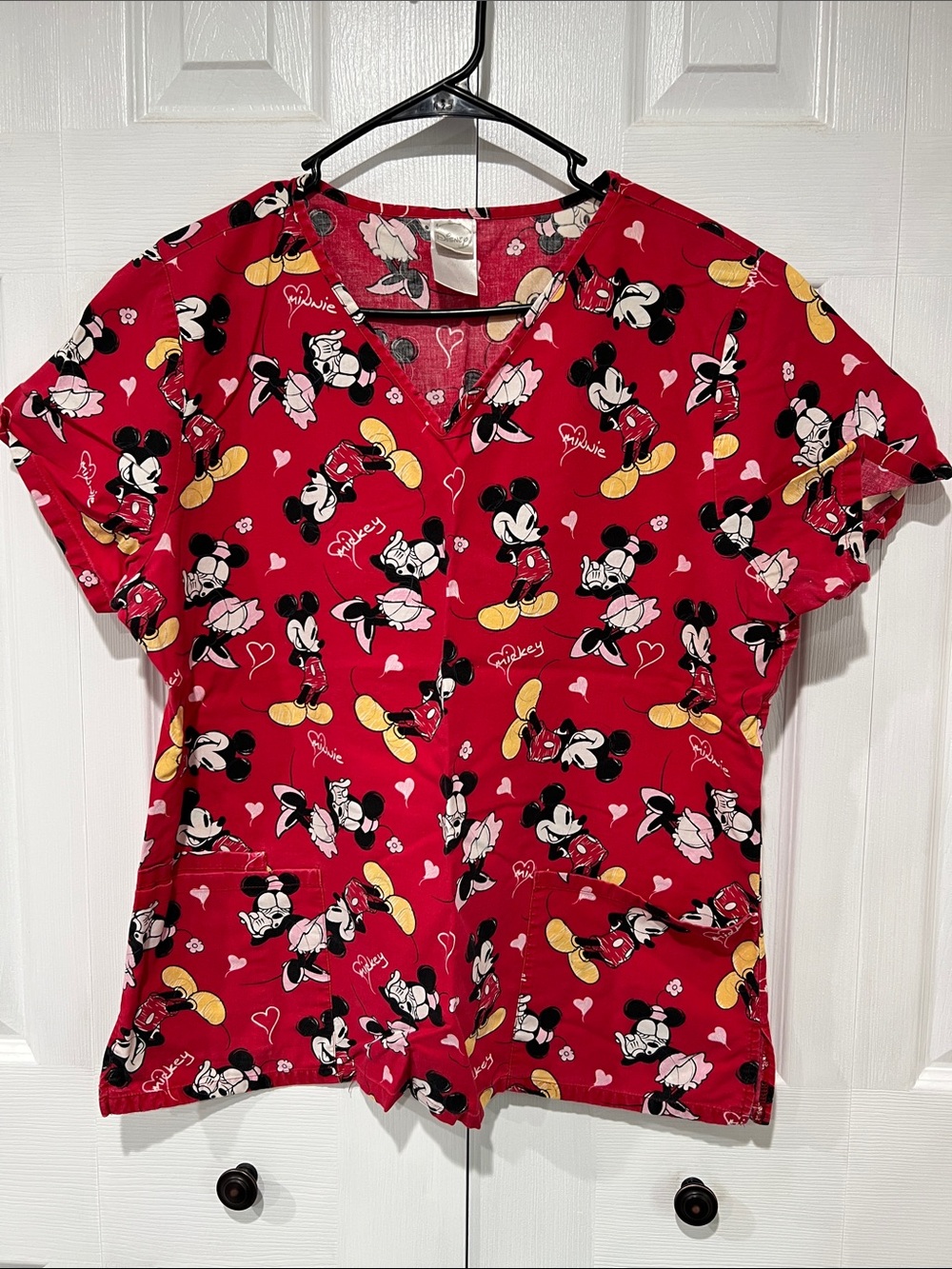 Disney Red Mickey Mouse Print Scrub Top